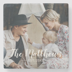 Custom photo with family name and established year stone coaster