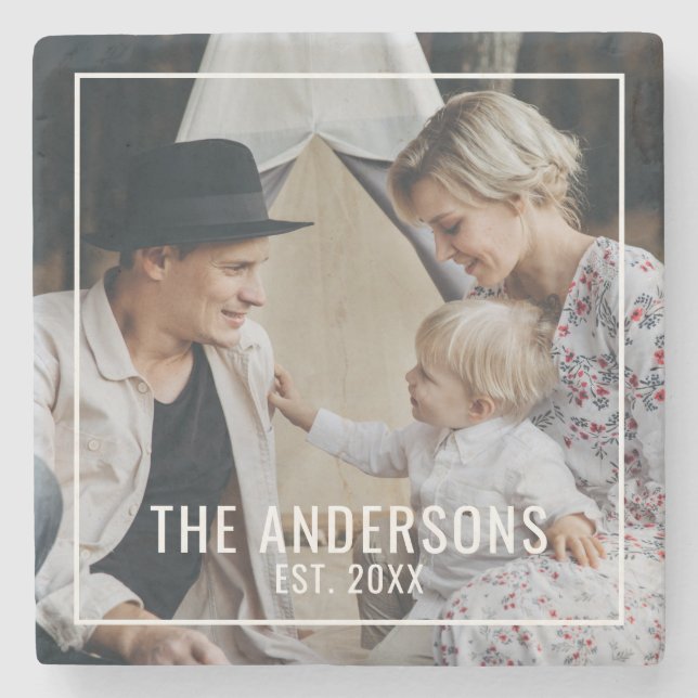Custom photo with family name and established year stone coaster (Front)