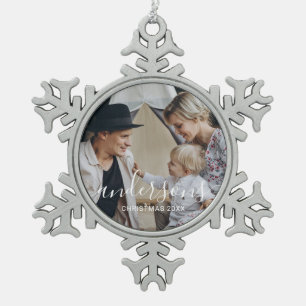 Custom photo with family name snowflake pewter christmas ornament