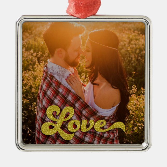 Custom Photo with Gold Love Overlay Metal Ornament (Front)