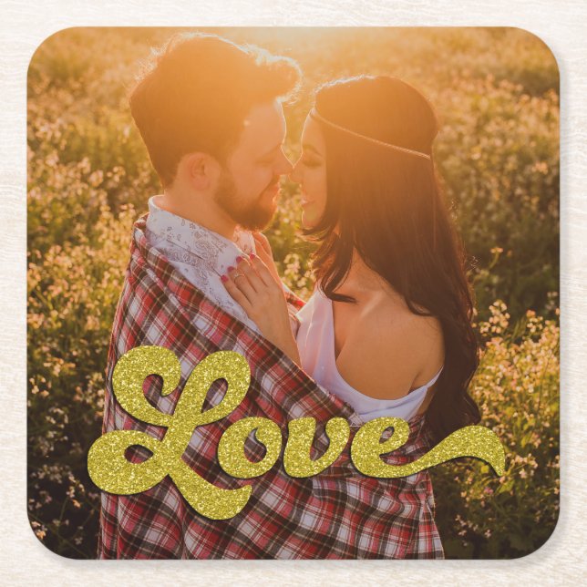 Custom Photo with Gold Love Overlay Square Paper Coaster (Front)