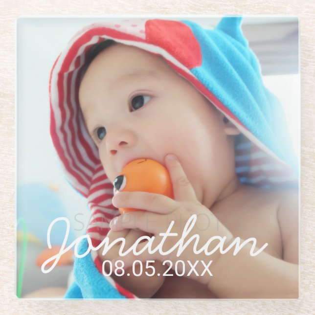 Custom Photo with Name and Date Glass Coaster (Front)