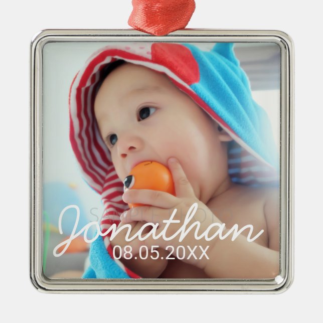 Custom Photo with Name and Date Metal Ornament (Front)