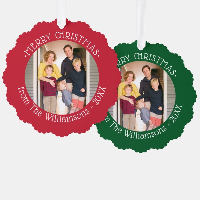 Custom Photo with Name Red Green Borders Christmas Ornament Card (Front/Back)