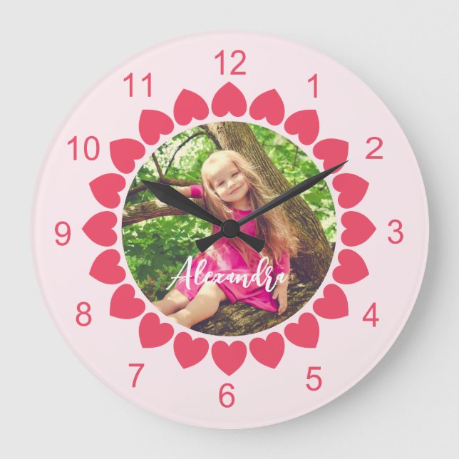 Custom Photo with Peachy Hearts Circle Large Clock (Front)