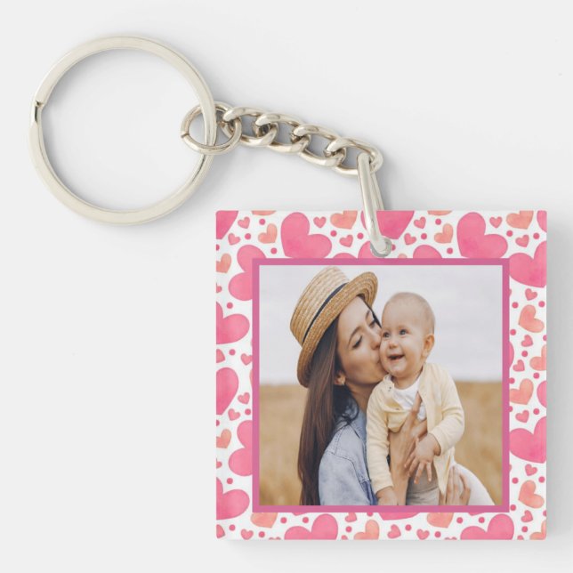 Custom photo with pink hearts background keychain (Front)
