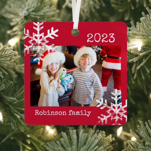 Custom Photo with Snowflakes Red Metal Ornament (Insitu)