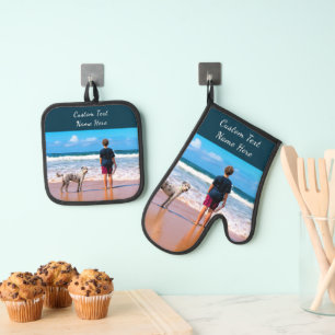 Custom Photo with Text Unique Your Own Design Gift Oven Mitt & Pot Holder Set
