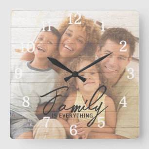 Custom Photo Wood Texture Overlay Family Quote  Square Wall Clock