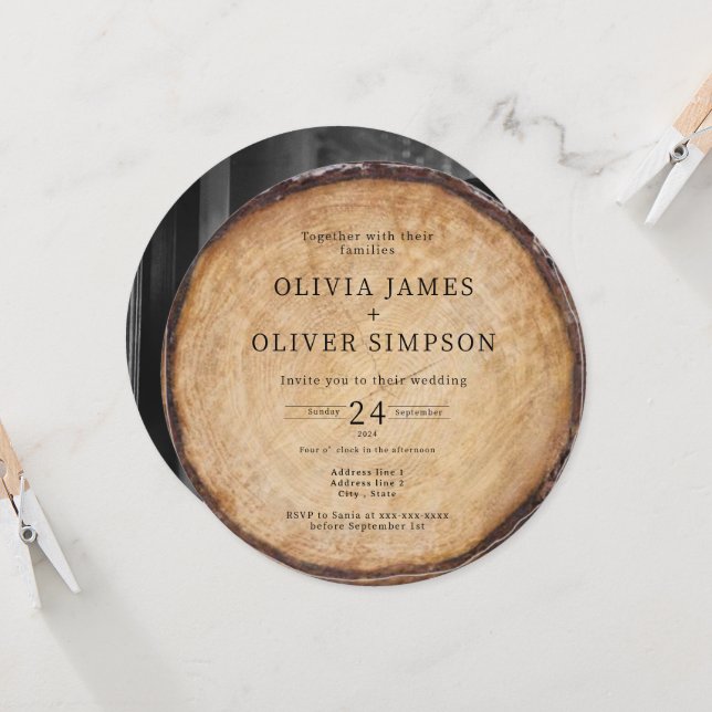 Custom photo wood tree stump barn wedding  invitation (Front/Back In Situ)