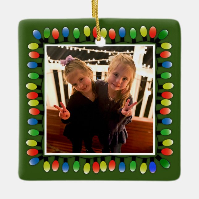 Custom Photo Xmas Lights Back Message Green Ceramic Ornament (Front)