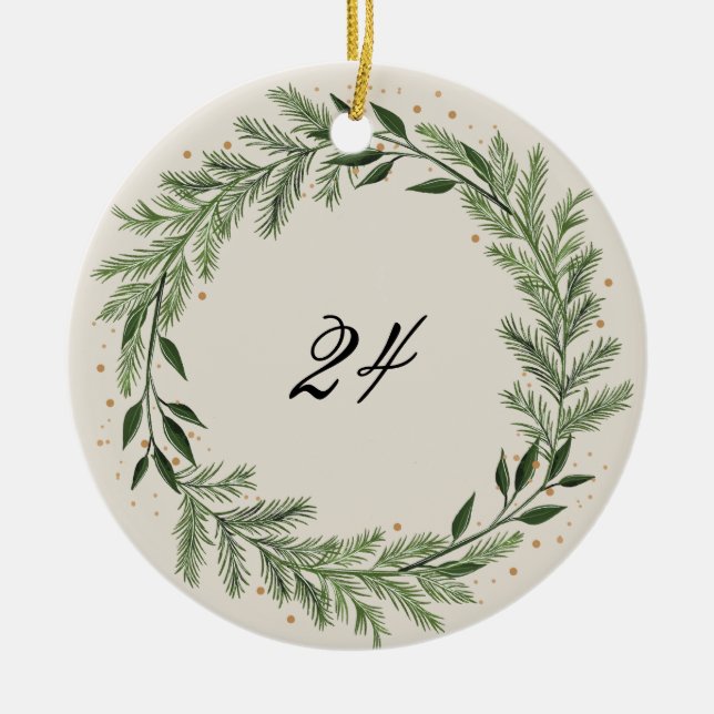 Custom Photo Year Pine Wreath Christmas gift Ceramic Ornament (Front)