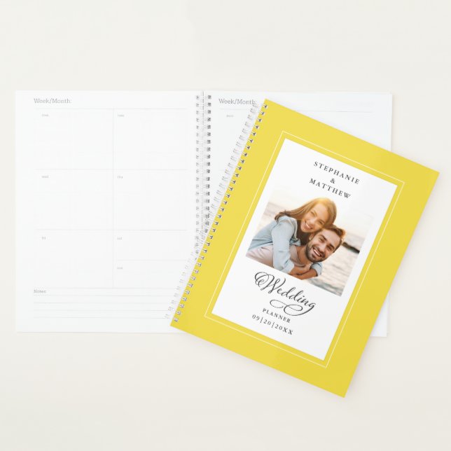 Custom Photo Yellow White Wedding Elegant Script Planner (Display)