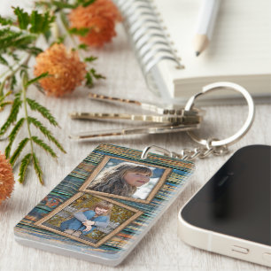 Custom Photographs On Rustic Wooden Planks Pattern Keychain