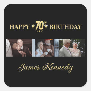 Custom photos black and gold 70th birthday party square sticker