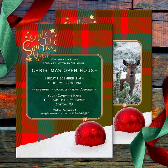 Custom Photos Christmas Holiday Invitation or Card (Christmas invitation featuring your photo framed by a festive plaid design and ornaments in snow)