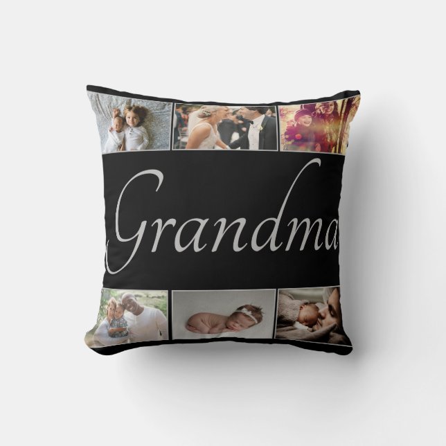 Custom Photos for Grandma Script on Black Throw Pillow (Front)