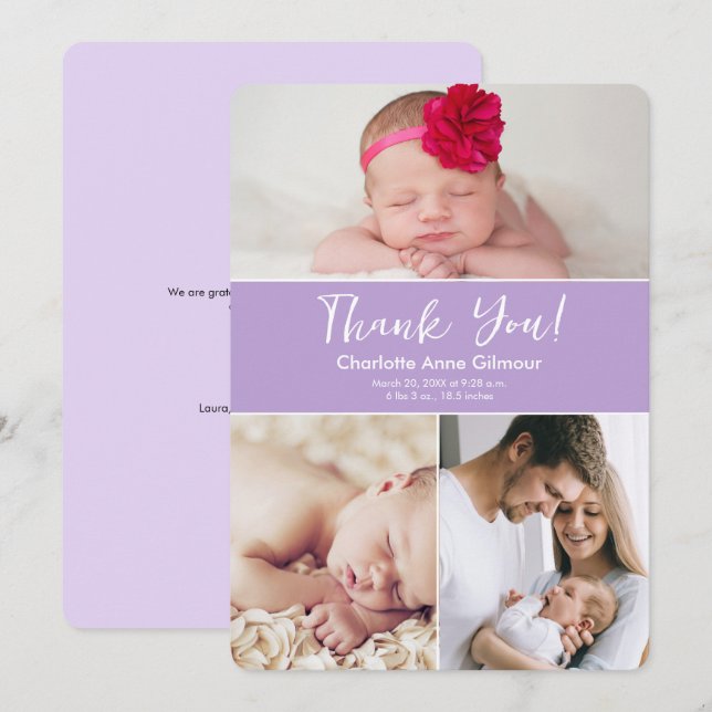 Custom Photos Soft purple Baby Girl Shower  Thank You Card (Front/Back)