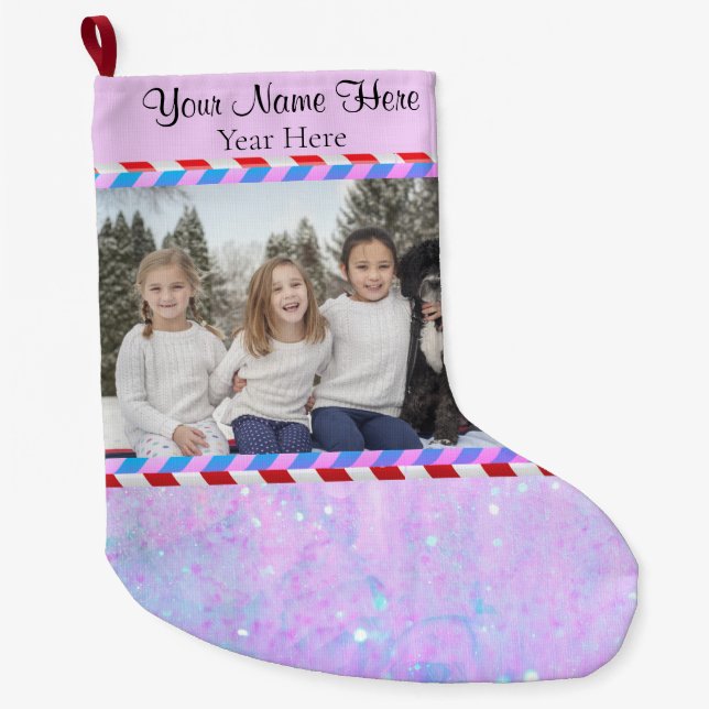 Custom Pic/Text Pastel Purple Pink Glitter Stripes Large Christmas Stocking (Front)