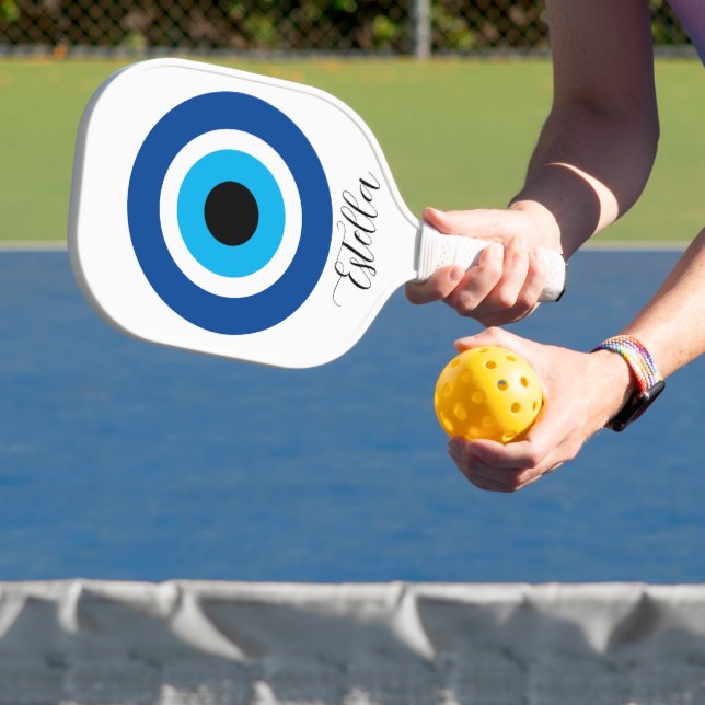 Custom pickleball racket with Evil Eye logo Paddle (Insitu)