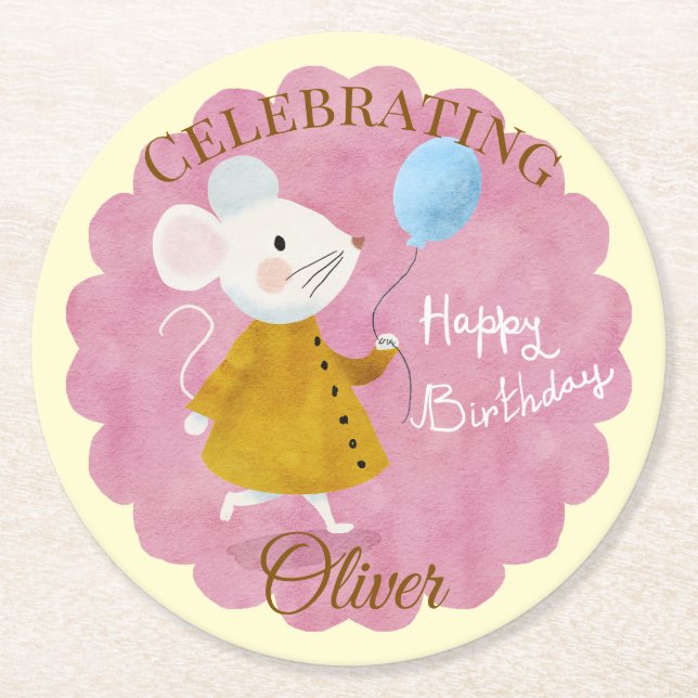 Custom Picnic Mouse Birthday Party Paper Coaster (Front)