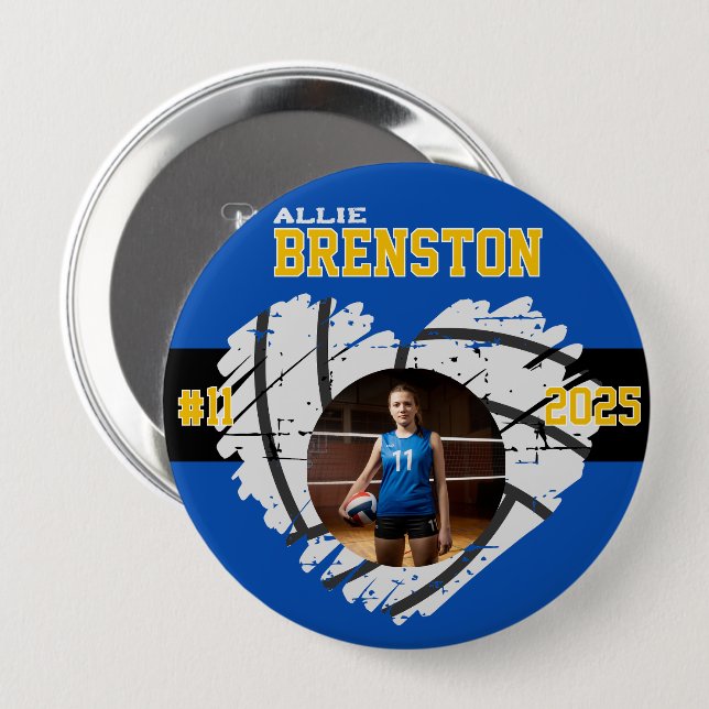 Custom Picture Blue Yellow Volleyball Player 4 Inch Round Button (Front & Back)