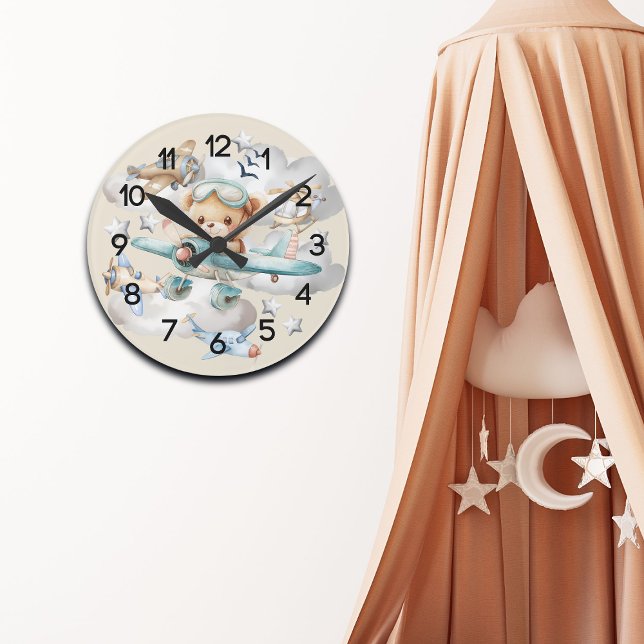 Custom Pilot Teddy Bear Nursery Round Clock (Creator Uploaded)