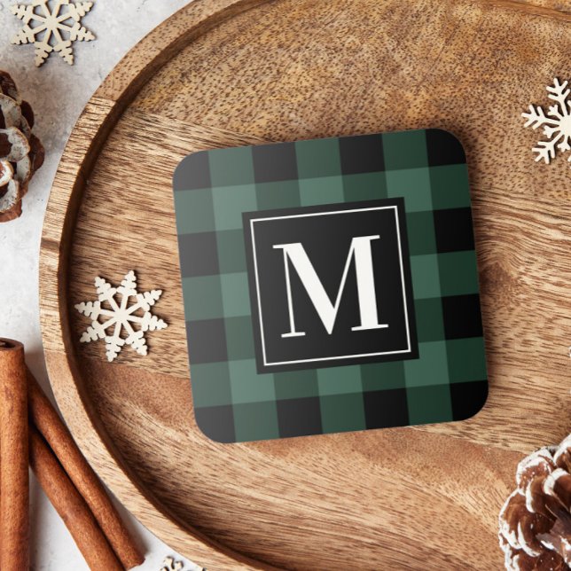Custom Pine Green and Black Buffalo Plaid Monogram Coaster (Creator Uploaded)