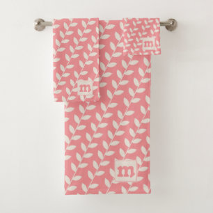Custom Pink 70s Retro Leaf Pattern Monogram Bath Towel Set
