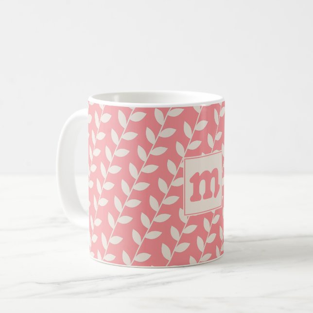 Custom Pink 70s Retro Leaf Pattern Monogram Coffee Mug (Front Left)