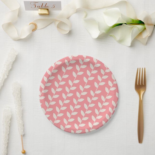 Custom Pink 70s Retro Leaf Pattern  Paper Plate (Wedding)