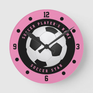 Custom Pink and Black Girl's Soccer Star Player  R Round Clock