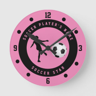 Custom Pink and Black Girl's Soccer Star Player   Round Clock