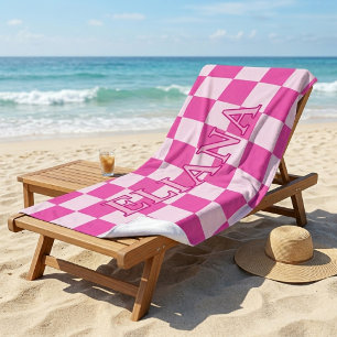 Custom Pink and White Chequered Name Beach Towel