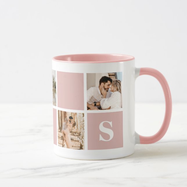 Custom Pink and White Monogram Photo Collage Mug (Right)