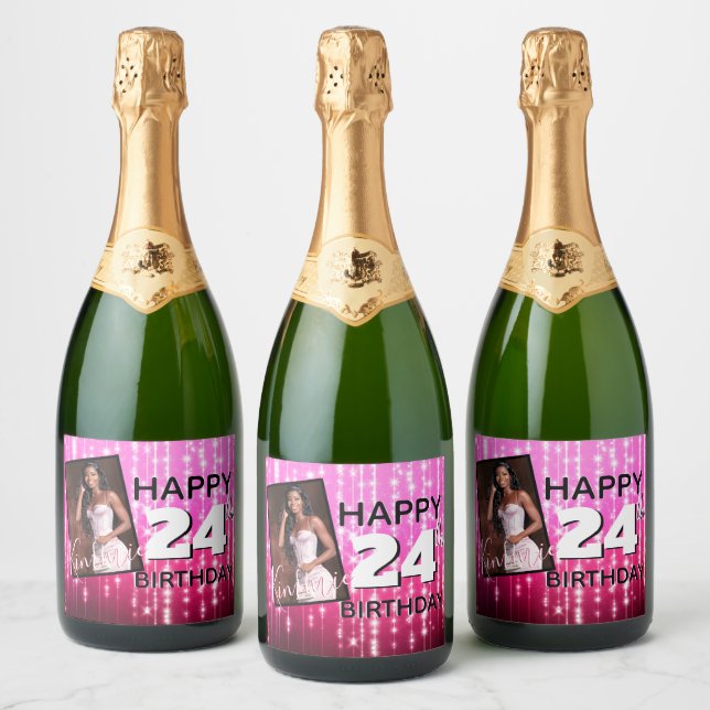 Custom Pink Any Age Sparkles Photo Birthday Sparkling Wine Label (Bottles)