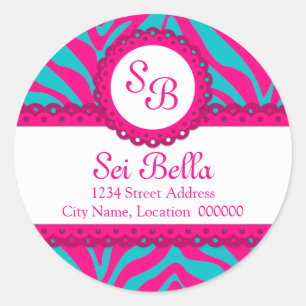 CUSTOM Pink Aqua Zebra Stripes and Lace Monogram Classic Round Sticker