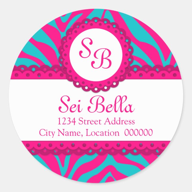 CUSTOM Pink Aqua Zebra Stripes and Lace Monogram Classic Round Sticker (Front)