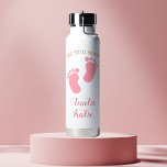 Custom Pink Baby Name See You Soon Water Bottle<br><div class="desc">Celebrate the anticipation of a baby girl's arrival with this adorable personalized water bottle! Featuring pink baby footprints and the phrase “See You Soon, ” this design includes custom text for a special aunt,  grandma,  or loved one. A heartwarming gift for pregnancy announcements,  baby showers,  or long-distance family.</div>