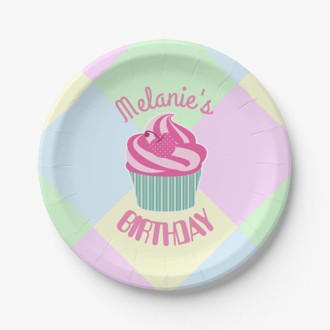 Custom Pink Birthday Cupcake Personalised Paper Plate (Front)
