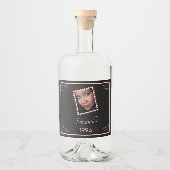 Custom Pink Black Photo Birthday  Liquor Bottle Label (Front)