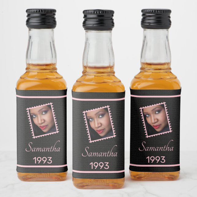 Custom Pink Black Photo Birthday Mini Liquor Bottle Label (Bottles)