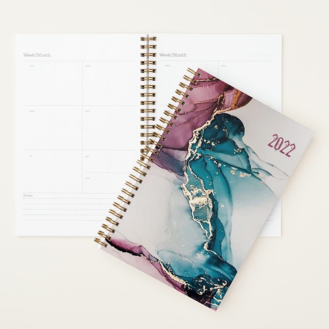 Custom Pink Blue Abstract Marble Undated Weekly 22 Planner (Display)
