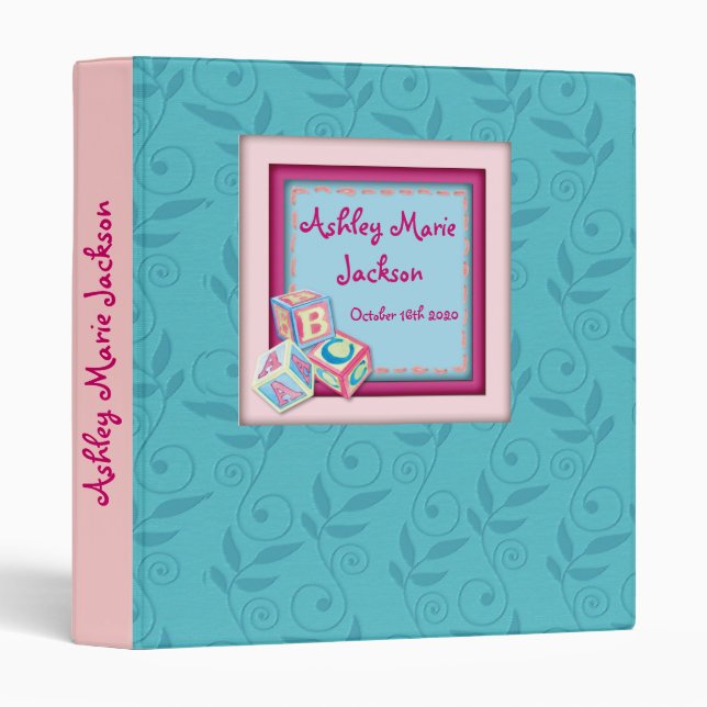Custom pink blue baby blocks theme memory album binder (Front/Spine)