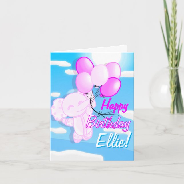 Custom Pink & Blue Cute Elephant Birthday Card (Front)