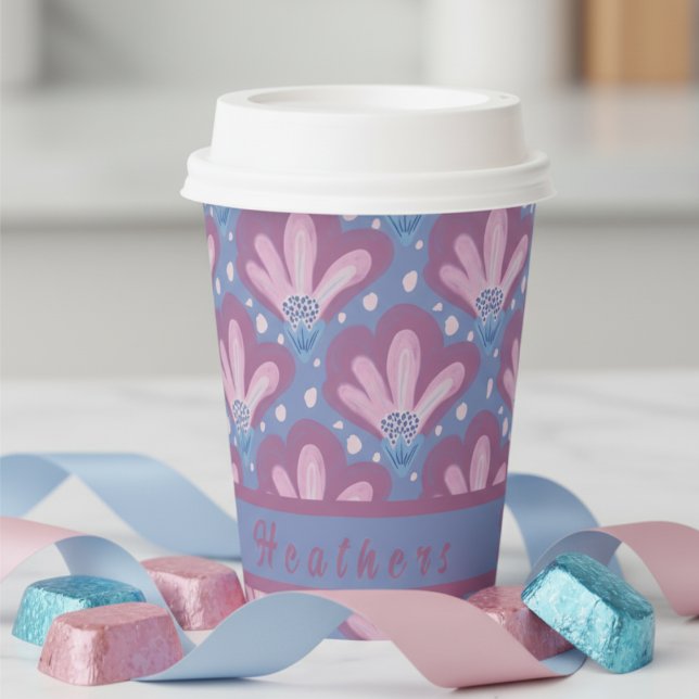 Custom Pink Blue Watercolor Floral Paper Cups (Pretty pink and blue with a custom area you can make your own. Goes with any party celebration )