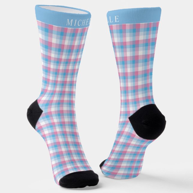 Custom Pink Blue White Chequered Pattern Socks (Angled)