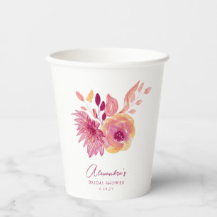 Custom Pink Boho Floral Garden Chic Bridal Shower Paper Cups