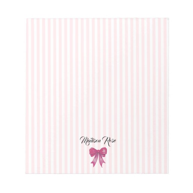 Custom Pink Bow Pink Stripe Preppy Notepad (Front)