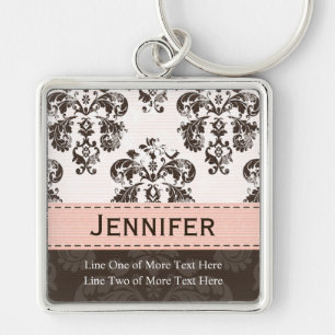 Custom Pink Brown Damask Photo Keychain Keyring